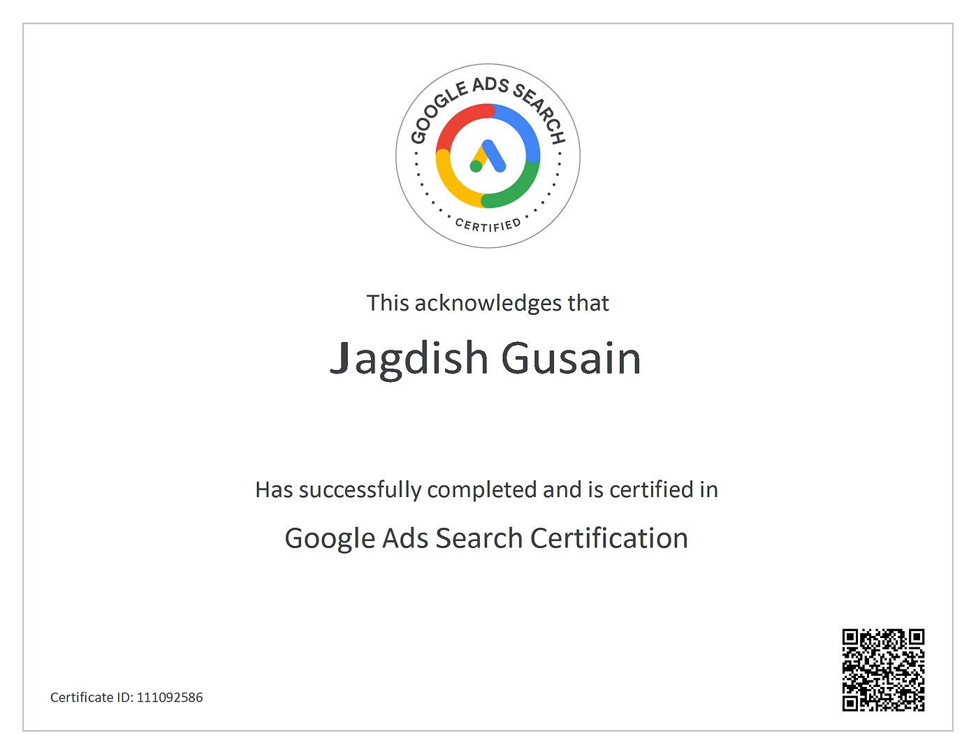 Jagdish Gusain Google Ads Search Certification